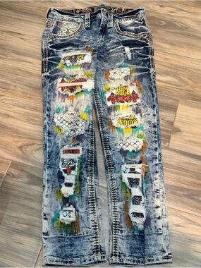 Rockport Distressed Patchwork Blue Jeans with Multicolor Accents